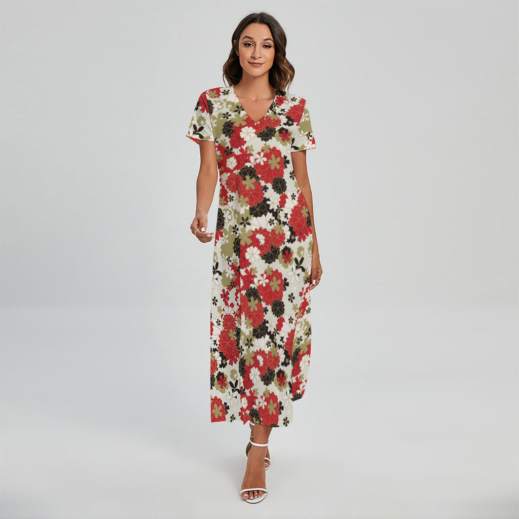 Floral Kimono Pattern Print Short Sleeve Maxi Dress