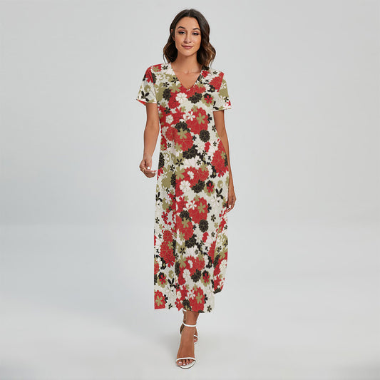 Floral Kimono Pattern Print Short Sleeve Maxi Dress