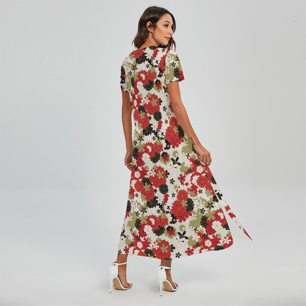 Floral Kimono Pattern Print Short Sleeve Maxi Dress