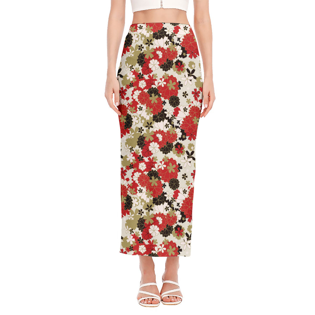 Floral Kimono Pattern Print Side Slit Maxi Skirt