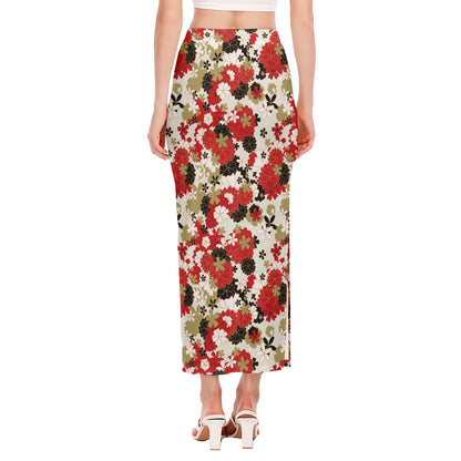 Floral Kimono Pattern Print Side Slit Maxi Skirt
