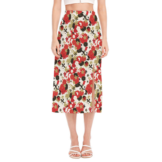 Floral Kimono Pattern Print Side Slit Midi Skirt