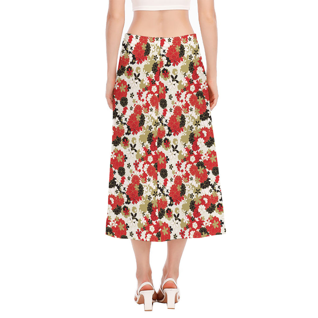 Floral Kimono Pattern Print Side Slit Midi Skirt