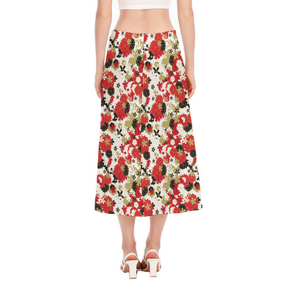 Floral Kimono Pattern Print Side Slit Midi Skirt