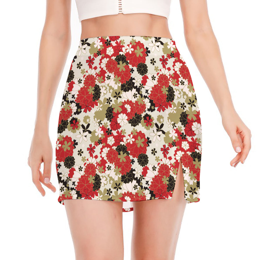Floral Kimono Pattern Print Side Slit Mini Skirt
