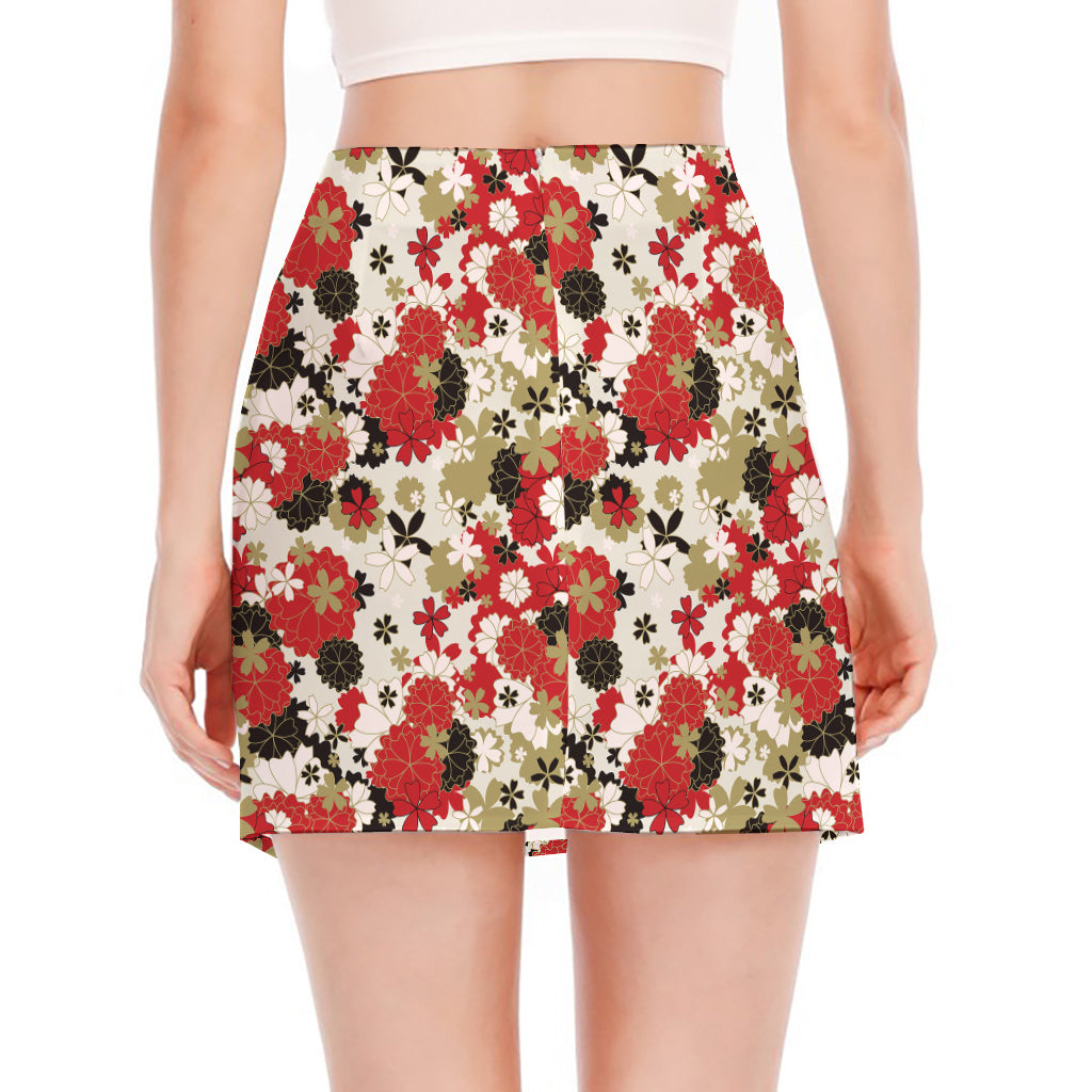 Floral Kimono Pattern Print Side Slit Mini Skirt