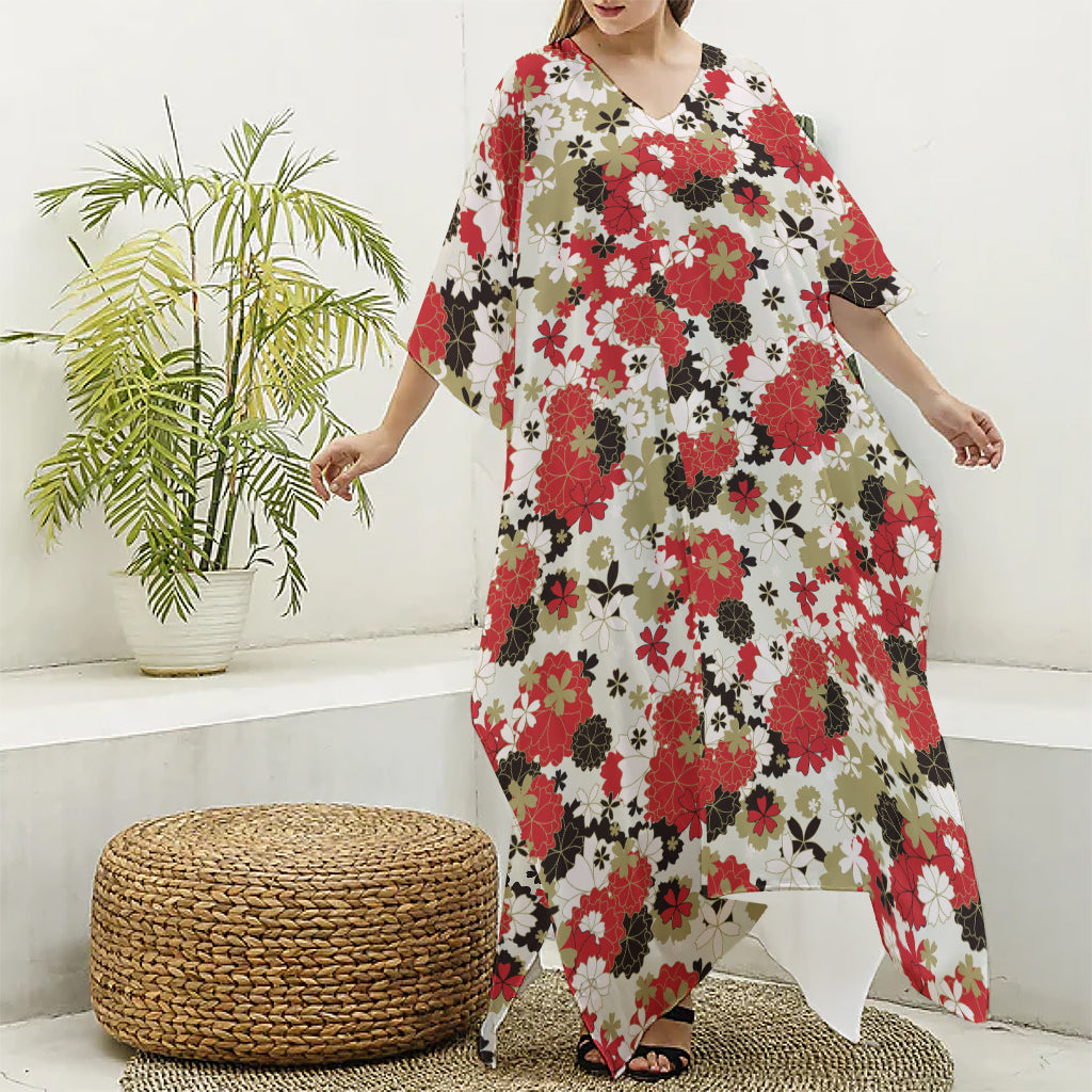 Floral Kimono Pattern Print Silk V-Neck Kaftan Dress