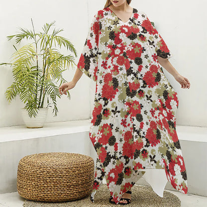 Floral Kimono Pattern Print Silk V-Neck Kaftan Dress