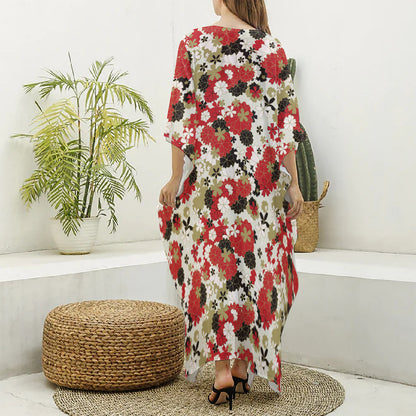 Floral Kimono Pattern Print Silk V-Neck Kaftan Dress