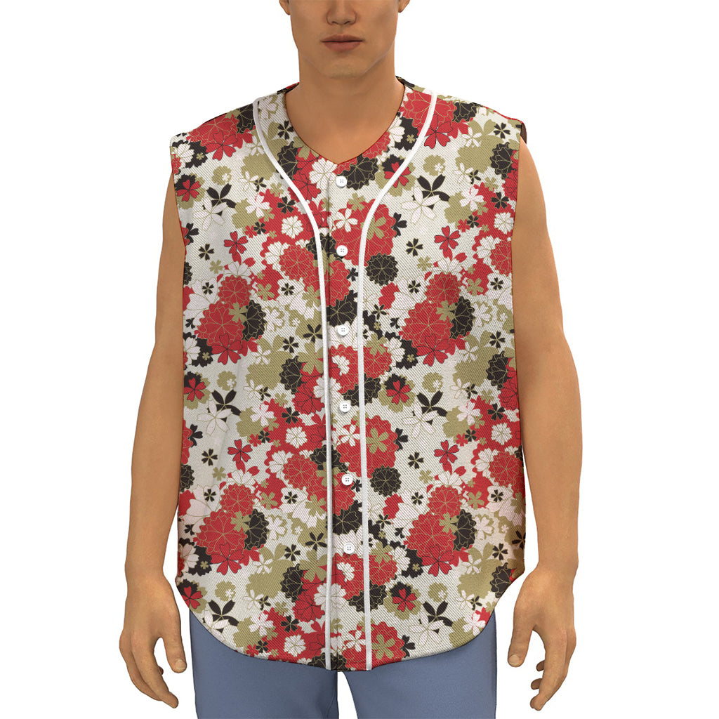 Floral Kimono Pattern Print Sleeveless Baseball Jersey