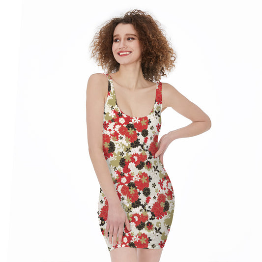 Floral Kimono Pattern Print Sleeveless Bodycon Dress