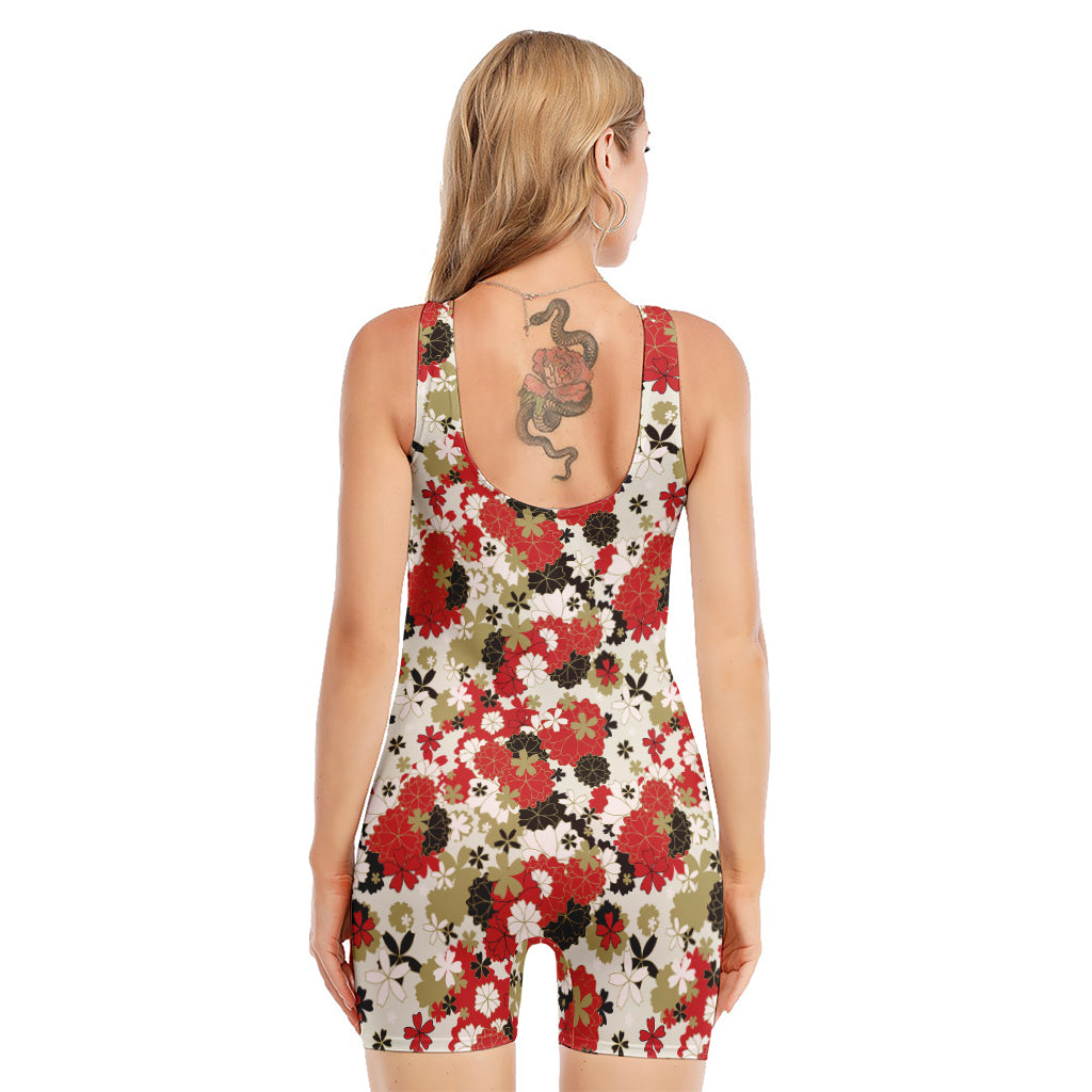 Floral Kimono Pattern Print Sleeveless One Piece Swimsuit
