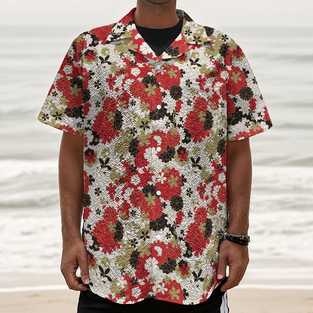 Floral Kimono Pattern Print Textured Short Sleeve Shirt
