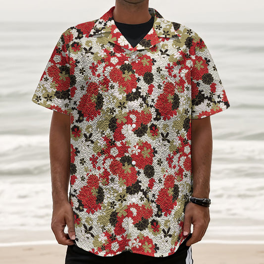 Floral Kimono Pattern Print Textured Short Sleeve Shirt