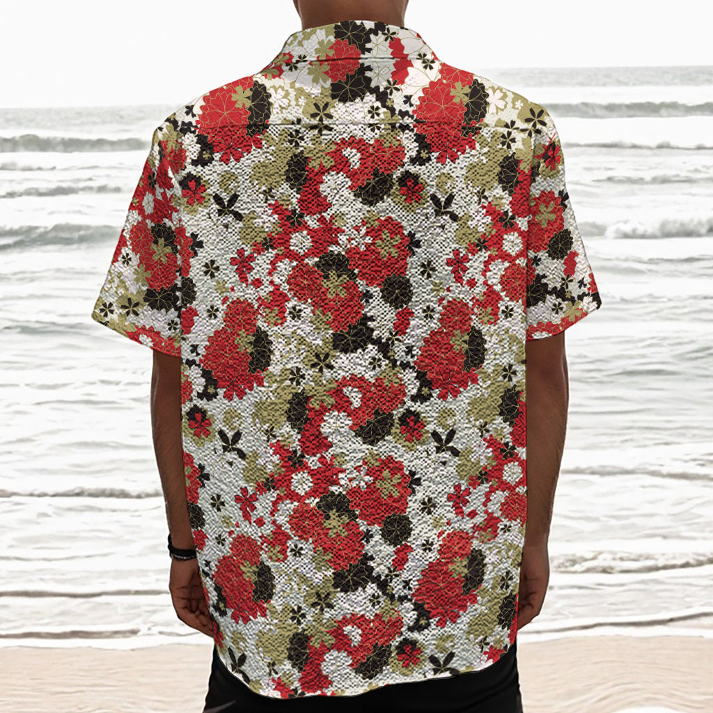 Floral Kimono Pattern Print Textured Short Sleeve Shirt
