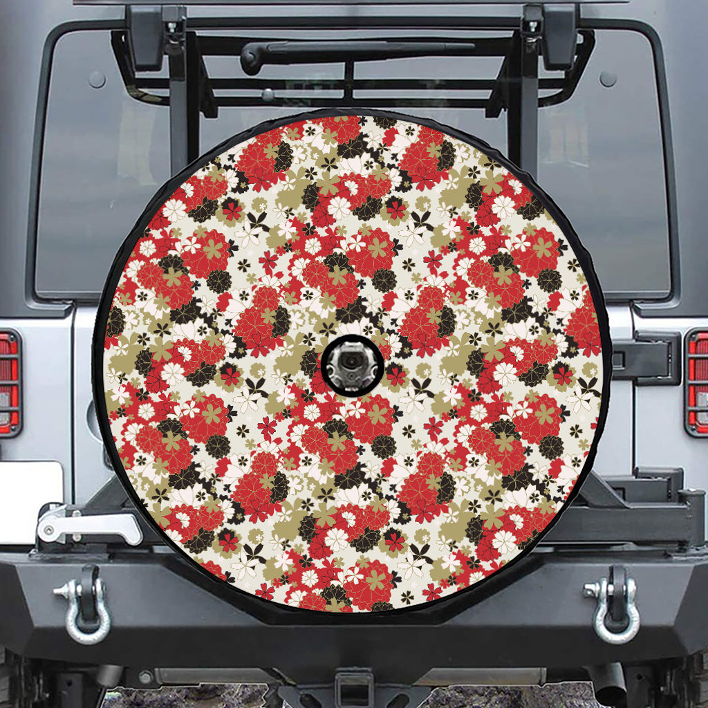 Floral Kimono Pattern Print Tire Cover With Camera Hole