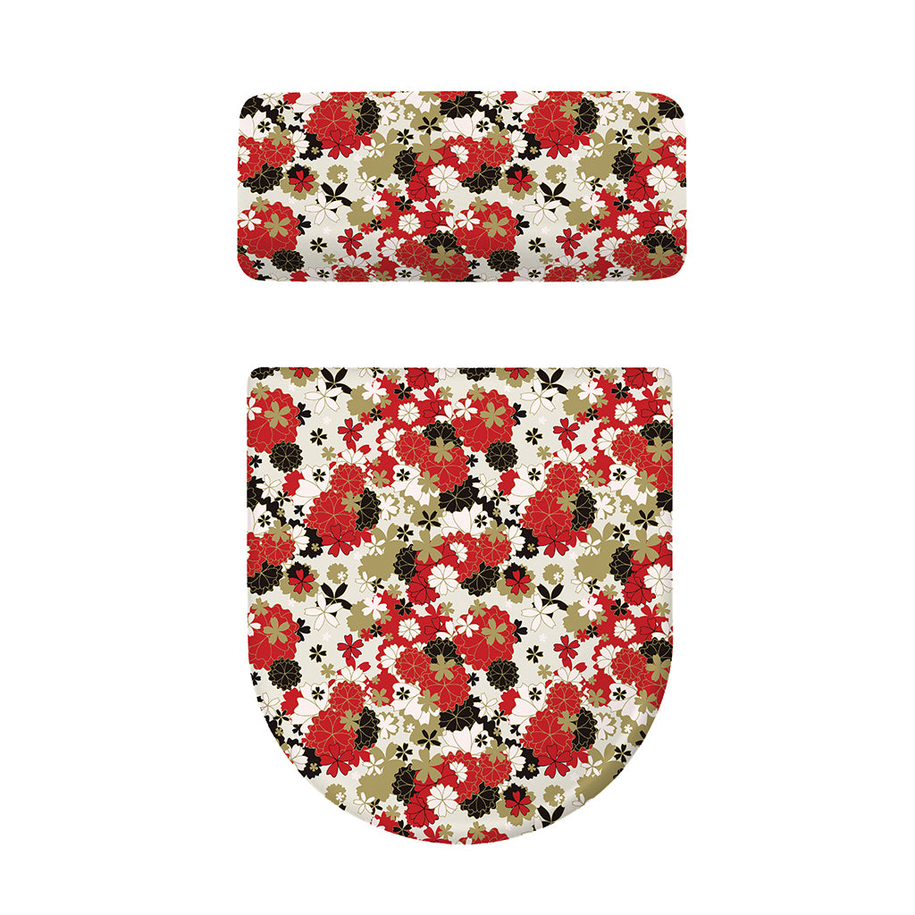Floral Kimono Pattern Print Toilet Lid And Tank Cover Set