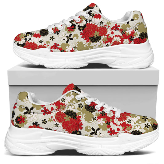 Floral Kimono Pattern Print White Chunky Shoes