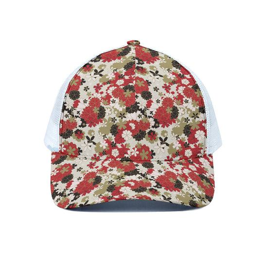 Floral Kimono Pattern Print White Mesh Trucker Cap