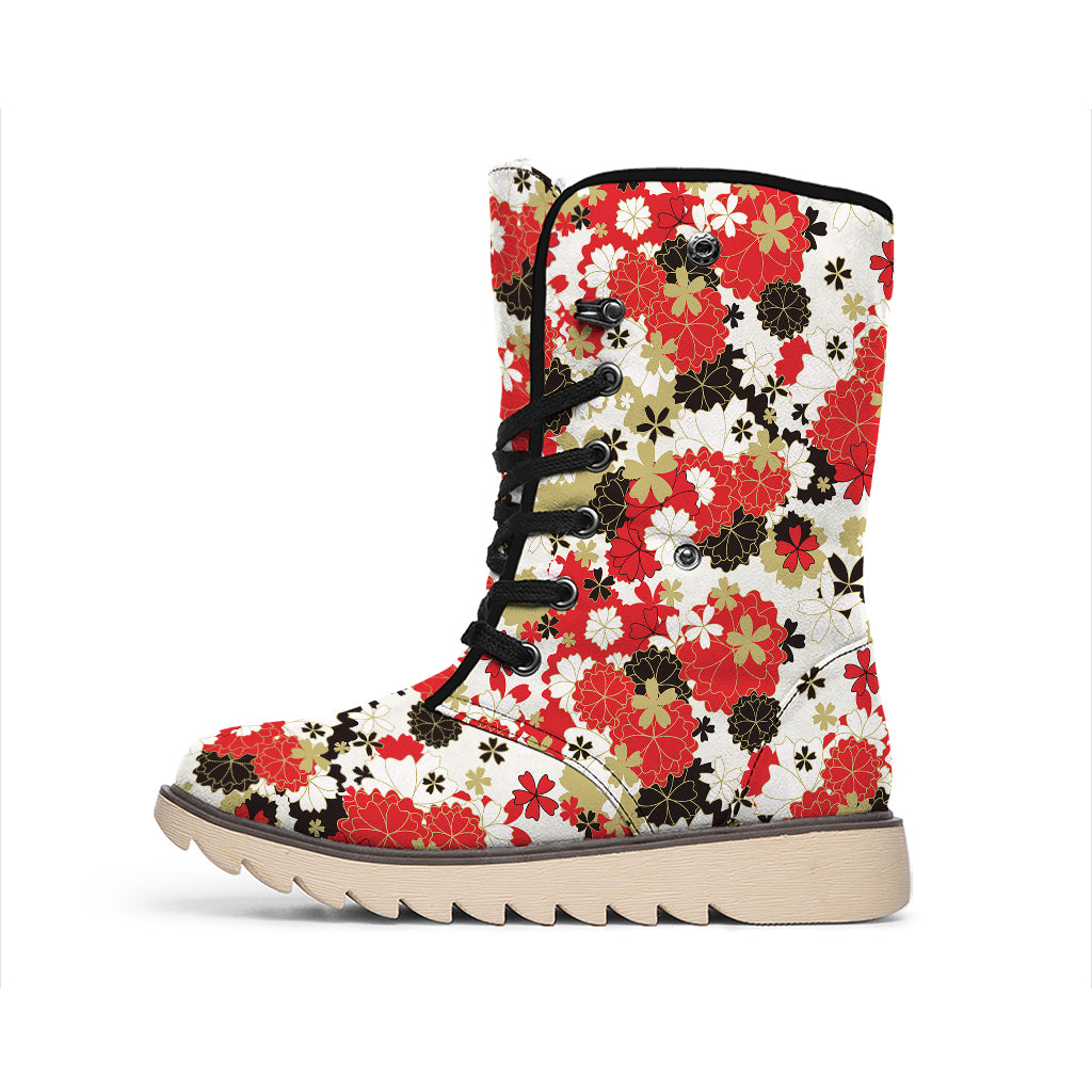 Floral Kimono Pattern Print Winter Boots