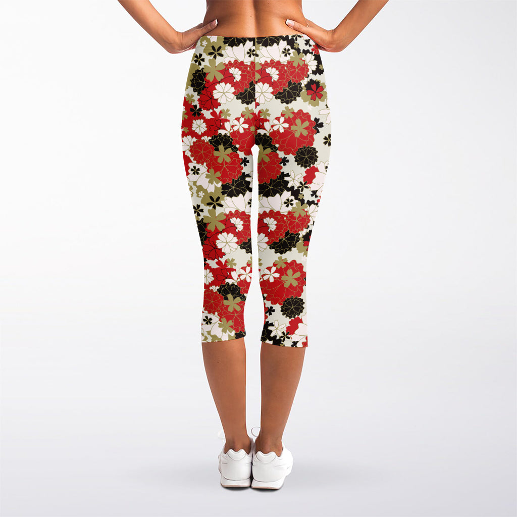 Floral Kimono Pattern Print Women's Capri Leggings
