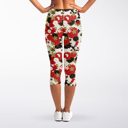 Floral Kimono Pattern Print Women's Capri Leggings