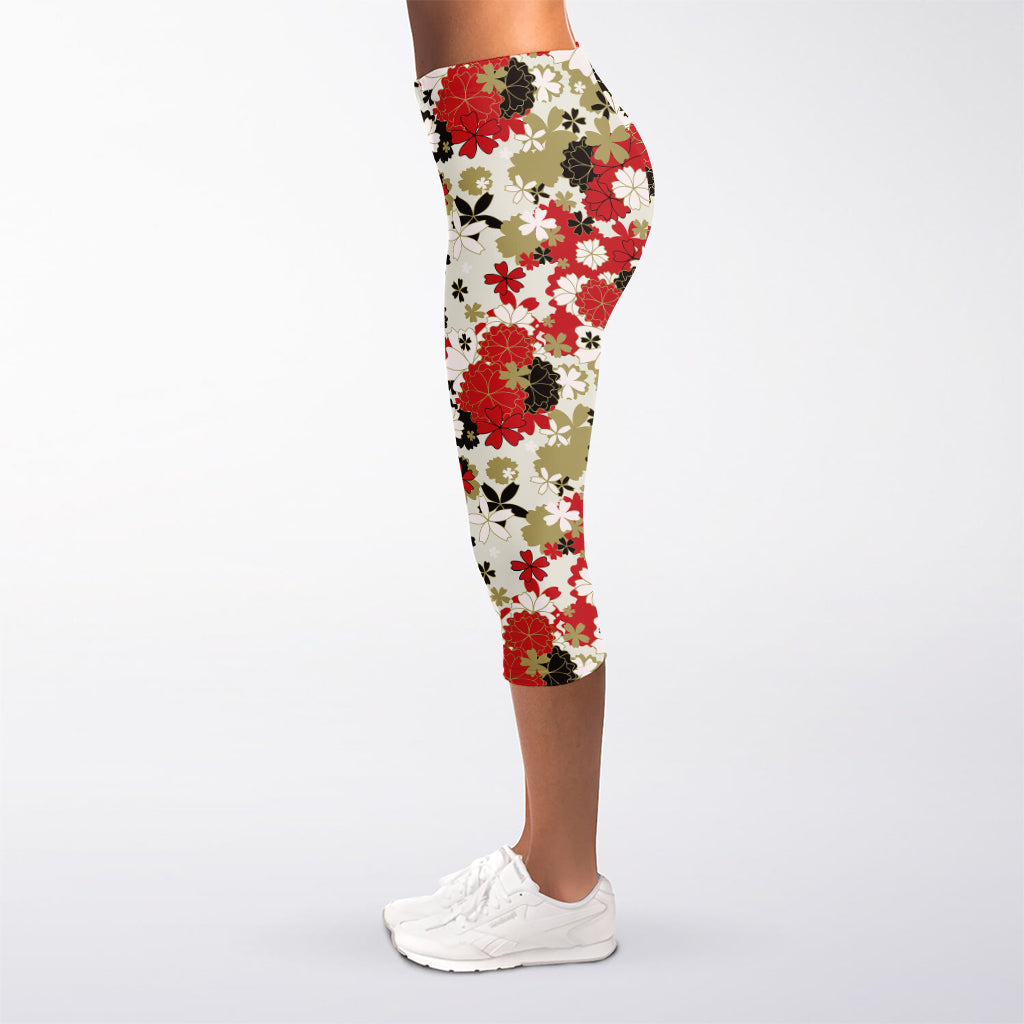 Floral Kimono Pattern Print Women's Capri Leggings
