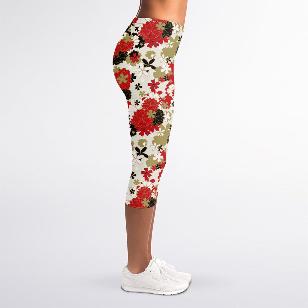Floral Kimono Pattern Print Women's Capri Leggings