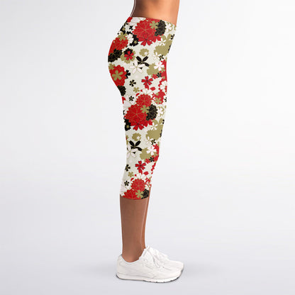 Floral Kimono Pattern Print Women's Capri Leggings