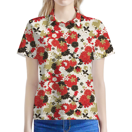 Floral Kimono Pattern Print Women's Polo Shirt