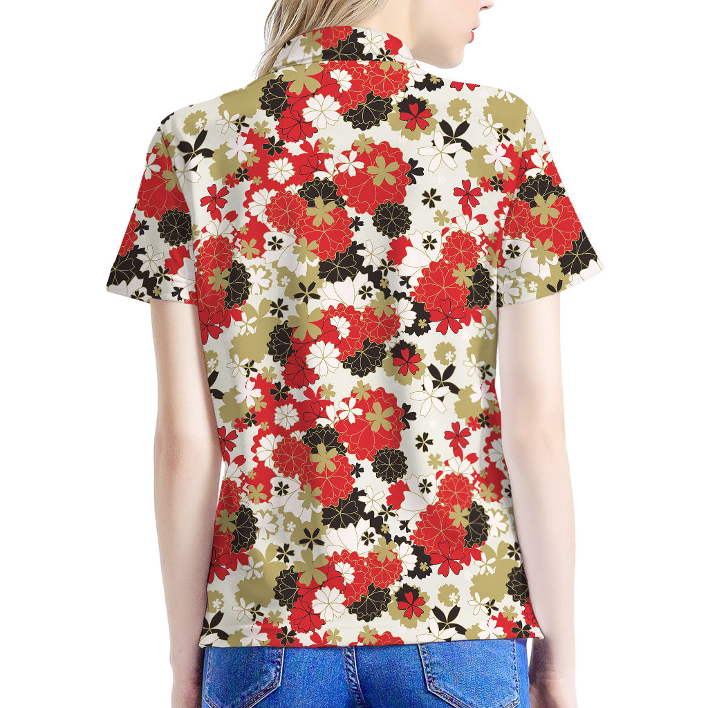 Floral Kimono Pattern Print Women's Polo Shirt