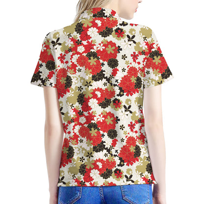 Floral Kimono Pattern Print Women's Polo Shirt