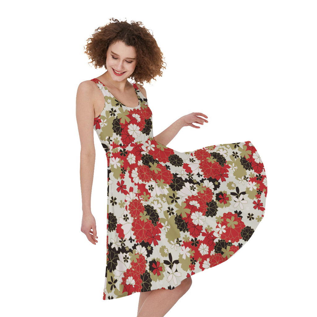 Floral Kimono Pattern Print Women's Sleeveless Dress