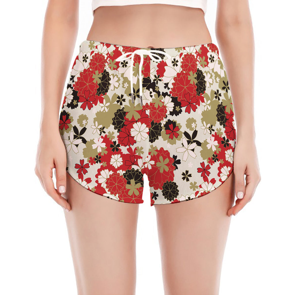 Floral Kimono Pattern Print Women's Split Running Shorts