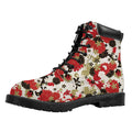 Floral Kimono Pattern Print Padded Collar Lace Up Boots