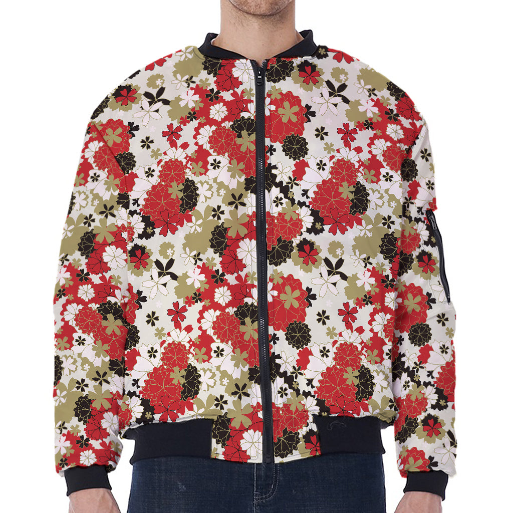 Floral Kimono Pattern Print Zip Sleeve Bomber Jacket