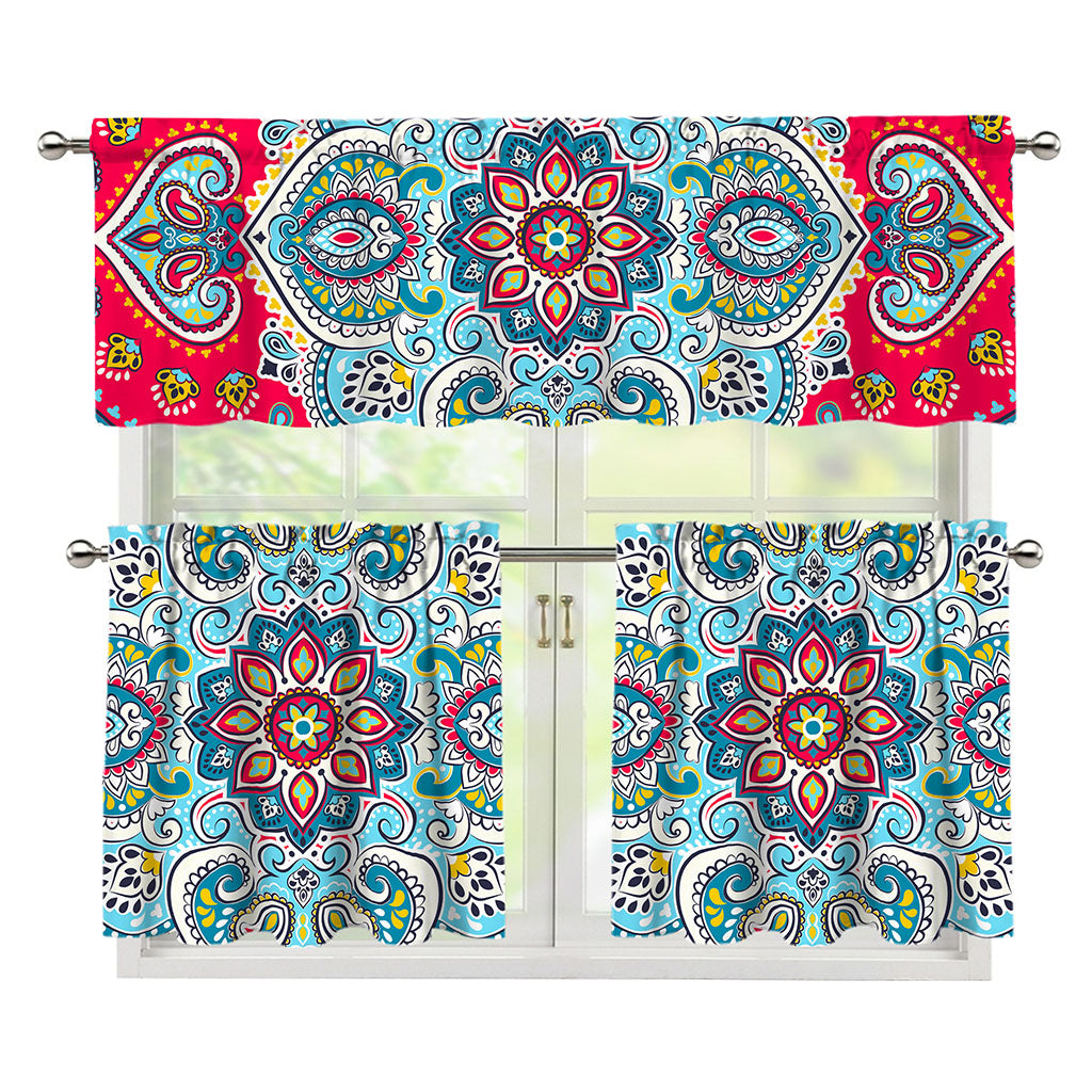 Floral Paisley Mandala Print 3 Piece Kitchen Curtains