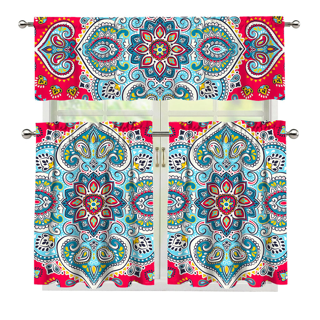 Floral Paisley Mandala Print 3 Piece Kitchen Curtains