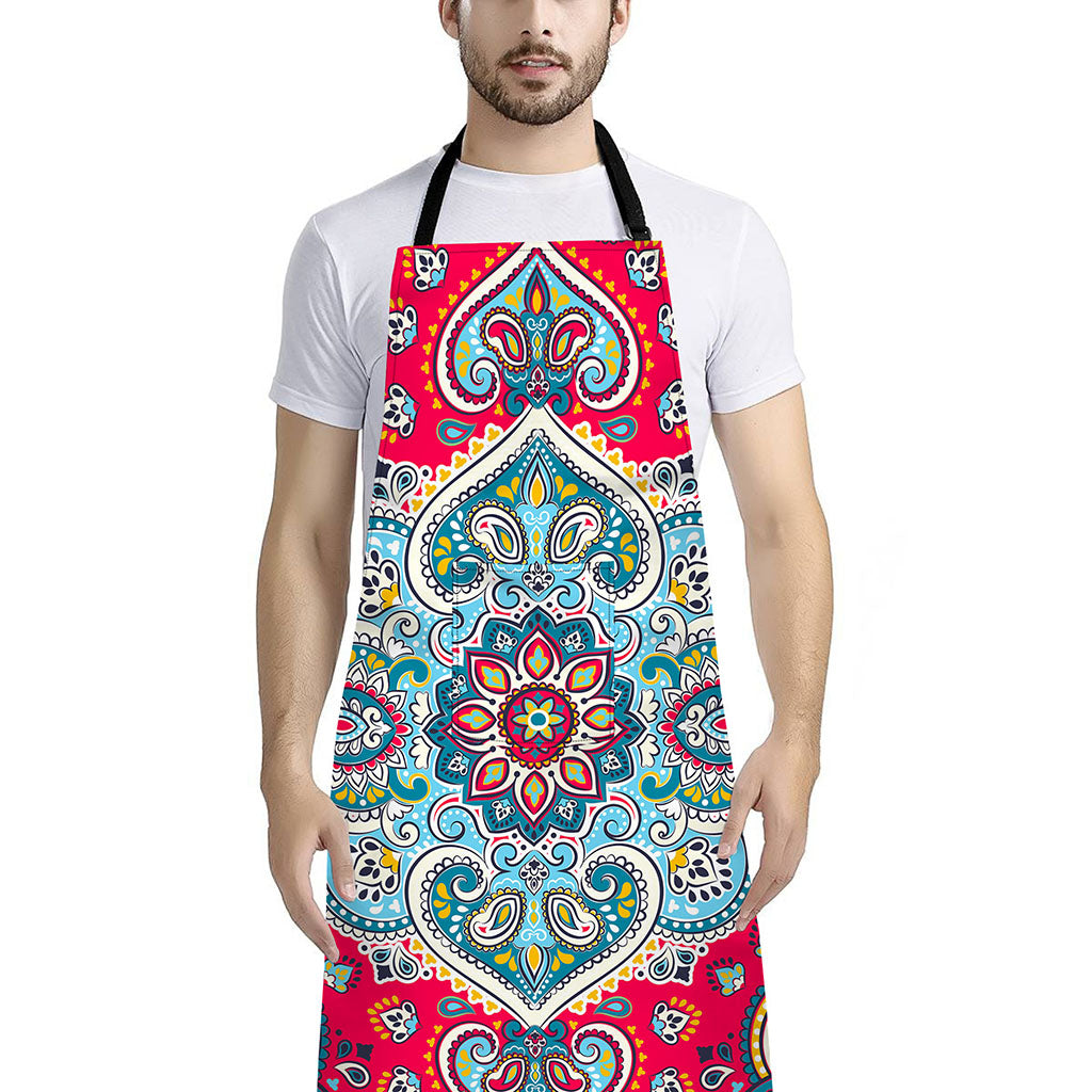 Floral Paisley Mandala Print Bib Apron With Pocket