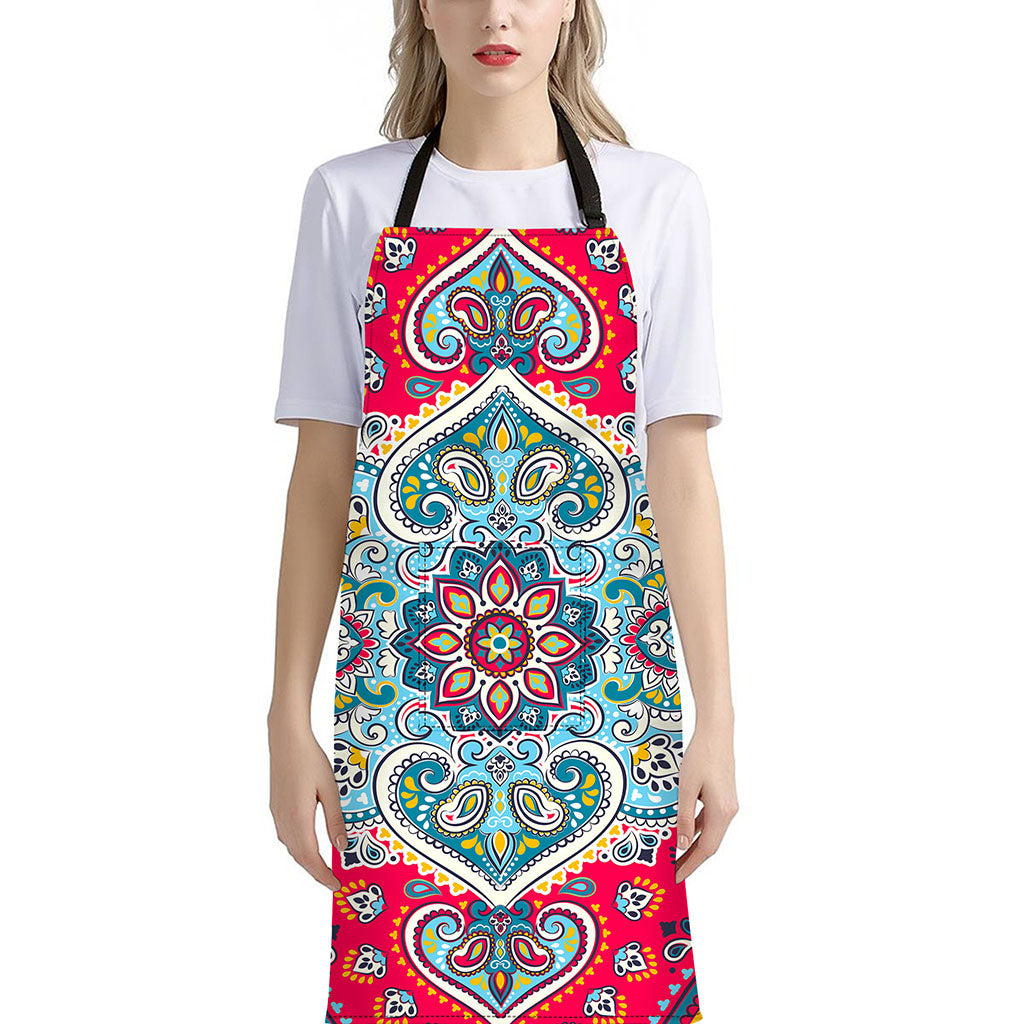 Floral Paisley Mandala Print Bib Apron With Pocket