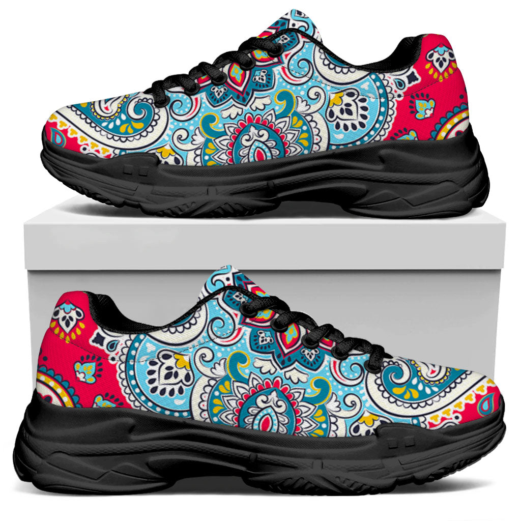 Floral Paisley Mandala Print Black Chunky Shoes
