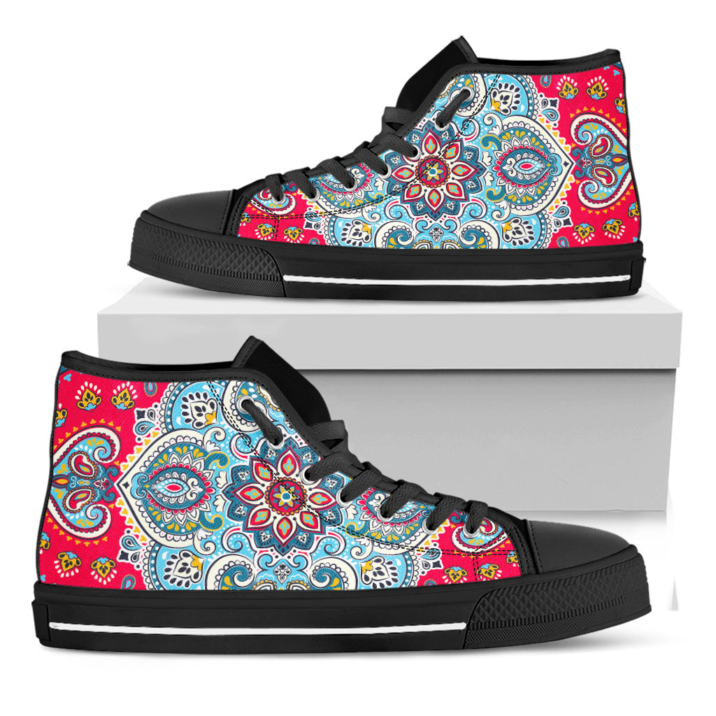 Floral Paisley Mandala Print Black High Top Sneakers