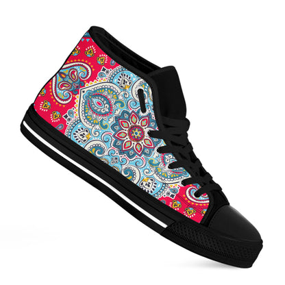 Floral Paisley Mandala Print Black High Top Sneakers