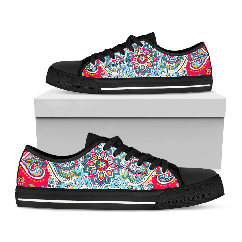 Floral Paisley Mandala Print Black Low Top Sneakers