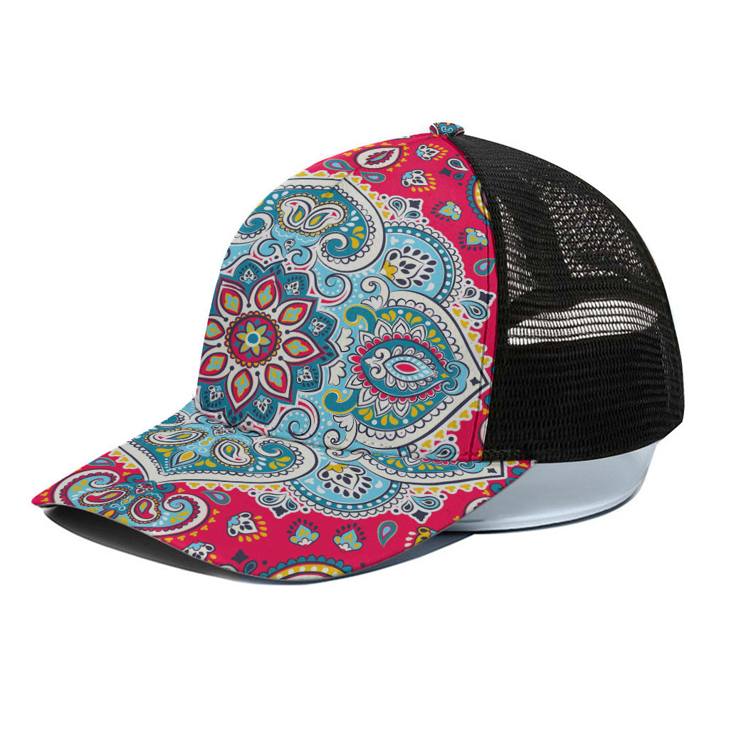 Floral Paisley Mandala Print Black Mesh Trucker Cap