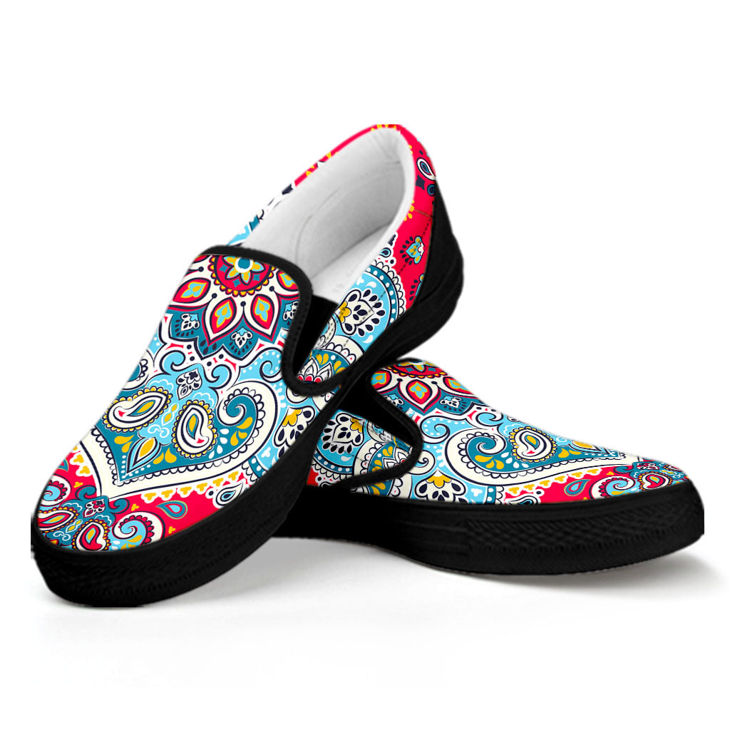 Floral Paisley Mandala Print Black Slip On Sneakers