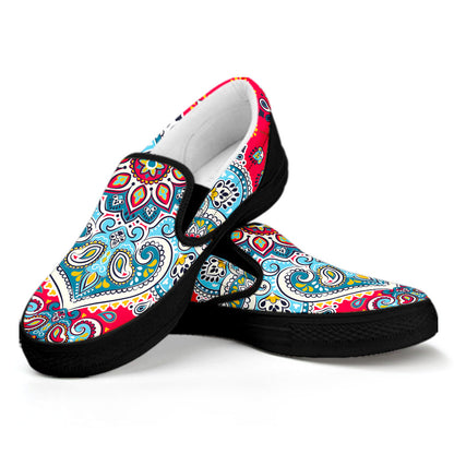 Floral Paisley Mandala Print Black Slip On Sneakers