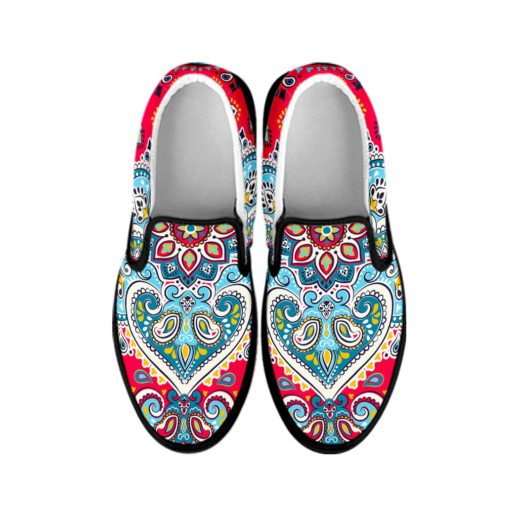 Floral Paisley Mandala Print Black Slip On Sneakers