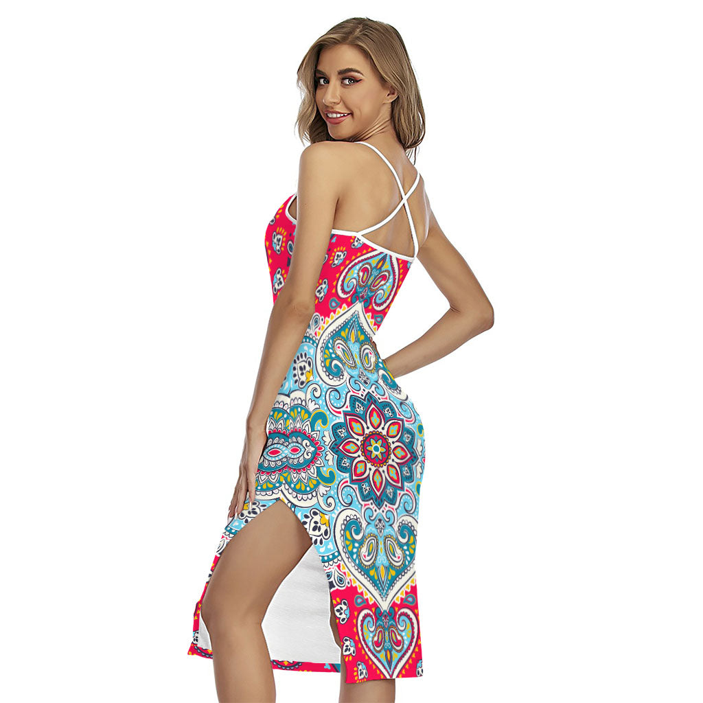 Floral Paisley Mandala Print Cross Back Cami Dress