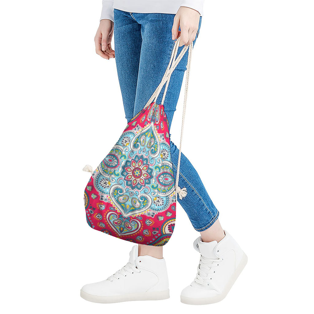 Floral Paisley Mandala Print Drawstring Bag